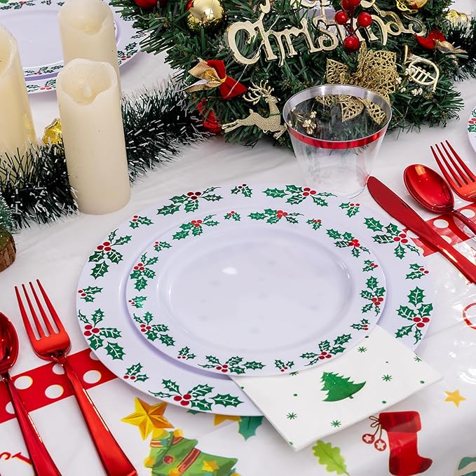 GATHER 176Pcs Christmas Plastic Plates - Heavy Duty Christmas Dinnerware Set Includes 50 Plates, 75 Red Plastic Silverware, 25 Cups, 25 Napkins and 1 Tablecloth for Xmas Party