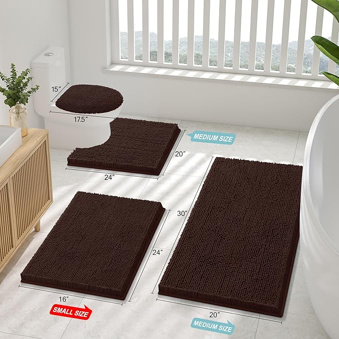 Smiry Luxury Chenille Bathroom Rugs 50x30, Extra Soft and Absorbent Shaggy Bath Mat, Machine Washable, Non-Slip Plush Carpet Runner for Tub, Shower, and Floor, Home Decor Accessories, Brown