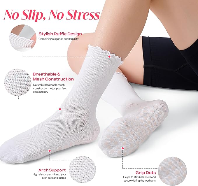 CoolMate Pilates Socks with Grips for Women, Yoga Socks, Crew Non Slip Women for Barre, Pilates Gifts