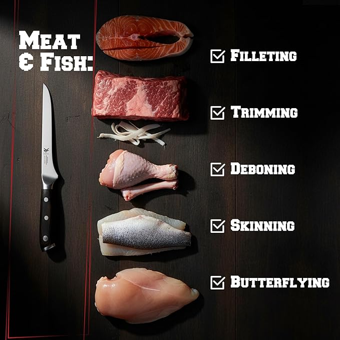 Kitchen perfection 6” Boning Knife for Meat Cutting & Filleting - Razor Sharp Premium German Steel Blade with Sheath - Full Tang Ergonomic Handle - Trim, Debone, Slice Meat Like a Pro- BBQ Men's Gift