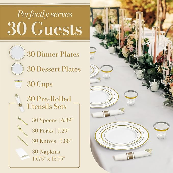 Reli. Plastic Plates for Party | 210 Pieces | White w/Gold Rim | Plates and Napkins Party Supplies | Disposable Dinnerware Set for 30 Guests | Dinner & Dessert Pack, Pre-Rolled Gold Cutlery Set, Cups