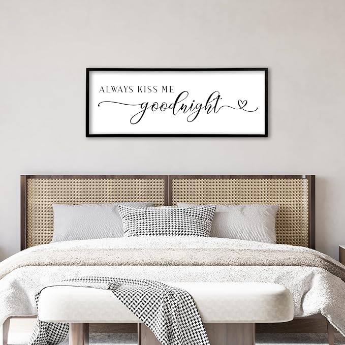 Always Kiss Me Goodnight Sign Wall Decor 40"X15" Master Bedroom Above Bed Large Wooden Framed for Couples Over Bed Wall Hanging Art (Black)