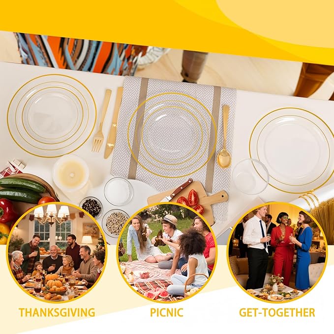 GATHER 350PCS Clear Gold Plastic Plates - Disposable Gold Dinnerware Sets Includes 100 Gold Rim Plastic Plates, 150 Silverware, 50 Napkins, 50 Cups for Party, Wedding & Christmas