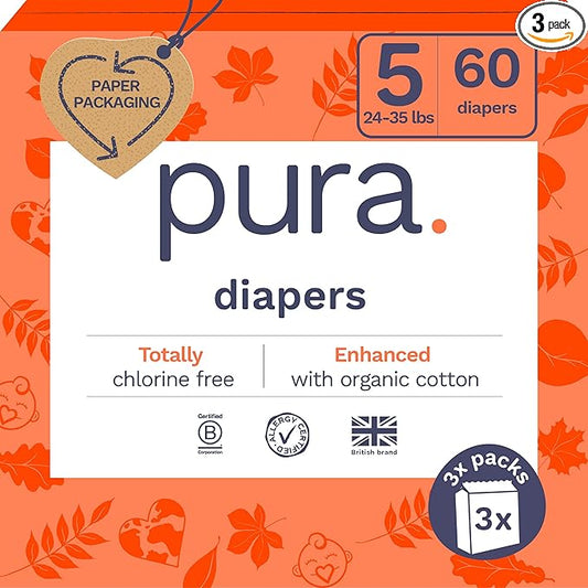 Pura Size 5 Eco-Friendly Diapers (24-35 lbs) Totally Chlorine Free (TCF) Hypoallergenic, Soft Organic Cotton, up to 12 Hours Leak Protection, Allergy UK, 3 Packs of 20 (60 Count)