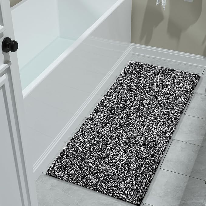 Yimobra Long Bathroom Rug Non Slip Washable, Soft Absorbent Microfiber Bath Mat, Dual-Tone Decor Rug with Rubber Backing for Bathroom Floor,Tub and Shower,47x24,Home Essentials,Black and White