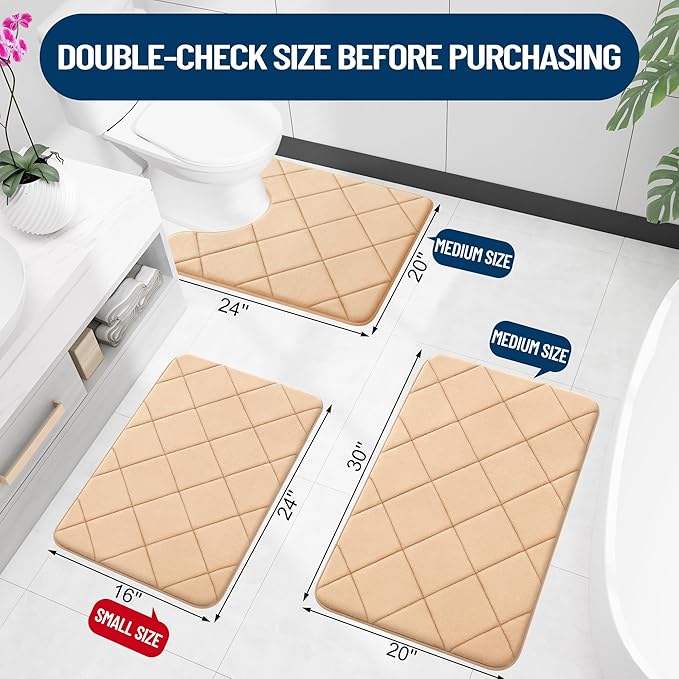 OLANLY Memory Foam Bath Mat 44x24, Ultra Soft and Absorbent Bathroom Rugs, Machine Washable, Comfortable Bath Carpet for Bathroom Floor, Tub and Shower, Beige