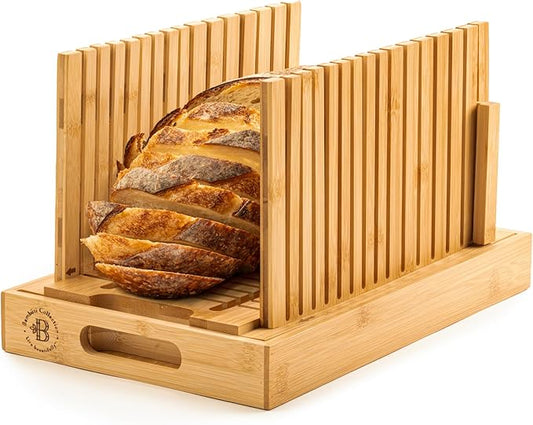 Bambüsi Upgraded Bread Slicer for Homemade Bread - Adjustable Bamboo Bread Cutter Board, Foldable Slicing Guide with Crumb Tray for Sourdough, Artisan Loaves, Bagels, Cakes, Bakery Kitchen Gadget Gift