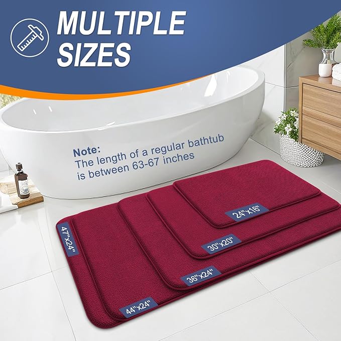 OLANLY Thick Memory Foam Bath Mat Rug 47x17, Extra Soft Absorbent Bathroom Rug, Quick Dry Bath Mats, Non-Slip, Machine Washable Carpet for Bathroom, Tub and Shower, Home Decor Accessories, Burgundy