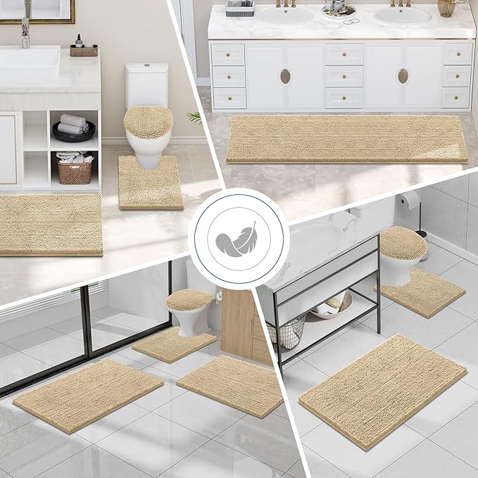 Smiry Luxury Chenille Bathroom Rugs 47x24, Extra Soft and Absorbent Shaggy Bath Mat, Machine Washable, Non-Slip Plush Carpet Runner for Tub, Shower, and Floor, Home Decor Accessories, Beige
