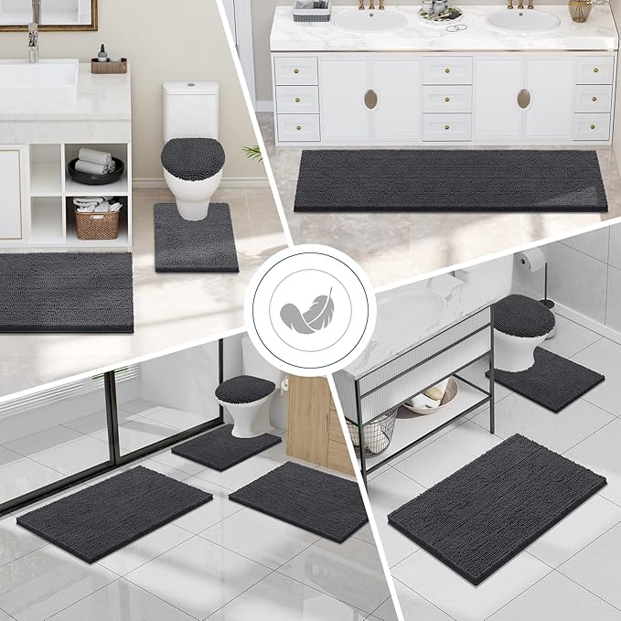 Smiry Luxury Chenille Bathroom Rugs 40x32, Extra Soft and Absorbent Shaggy Bath Mat, Machine Washable, Non-Slip Plush Carpet Runner for Tub, Shower, and Floor, Home Decor Accessories, Charcoal Grey