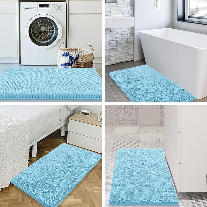 Smiry Luxury Chenille Bathroom Rugs 59x24, Extra Soft and Absorbent Shaggy Bath Mat, Machine Washable, Non-Slip Plush Carpet Runner for Tub, Shower, and Floor, Home Decor Accessories, Sky Blue