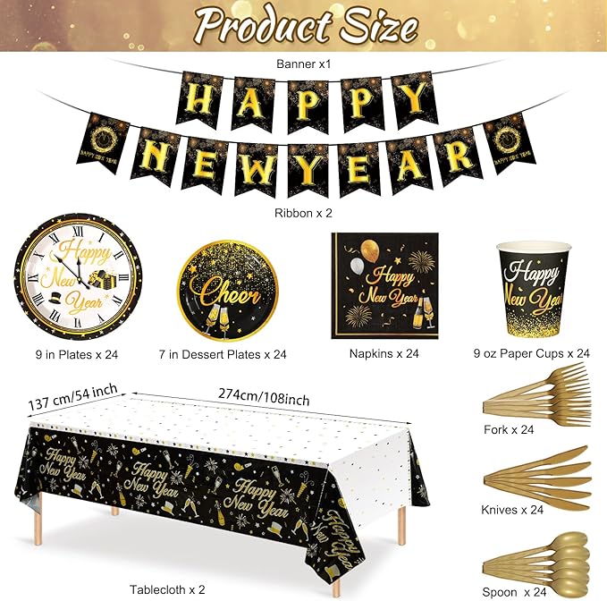 Funrous Happy New Year Party Supplies Tableware Set Serves 24 Guests Including New Year Plates Cups Napkins Forks Knives Spoons Tablecloth and Celebration Banner for Black and Gold Party Decoration