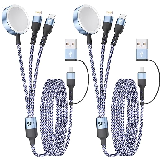 3 in 2 Multi Charging Cable for Apple Watch Charger/iPhone Charger/CarPlay Cable, Travel Vacation Essentials, (2Pack 5FT) USB C/L/iWatch Charging Cords for iWatch 11-1/iPhone 17-12, Android Car, Blue