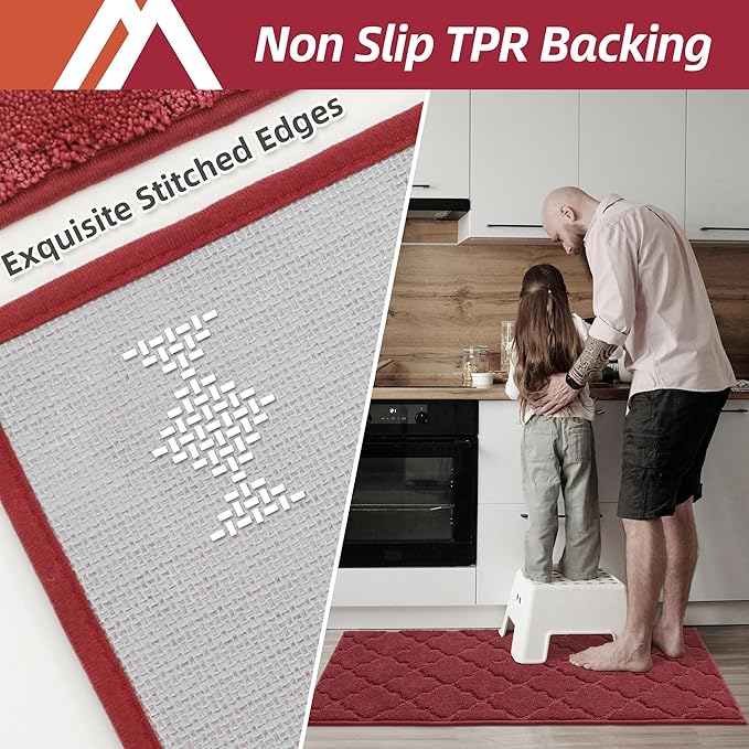 COSY HOMEER-Kitchen-Rugs 20"x48" Non-Slip Absorbent Soft Kitchen Runner Rug Polyester Kitchen Mats for Floor Washable Kitchens Standing Floor Mat for Sink Mat,Hallway,Laundry,Red