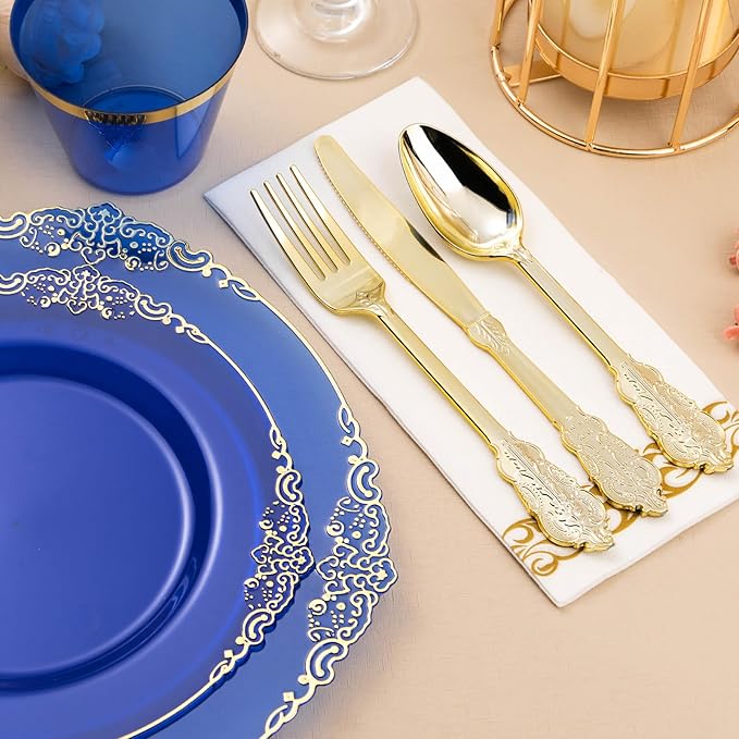 175PCS Clear Blue Plastic Plates for 25 Guests, Disposable Plates with Gold Trim include 25 Dinner and Dessert Plates, 75 Gold Silverware, 25 Cups, 25 Napkins for Party, Wedding & Graduation