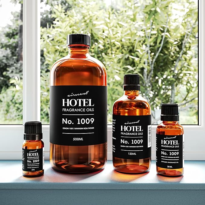 AirScent Hotel Diffuser Oil No. 1009 - Lemon Lily Hawaiian Koa Wood - Hotel Scent Dupe - Premium Fragrance Oil for Ultrasonic and Waterless Diffusers and Crafting - 120 mL, 4 fl oz Glass Bottle
