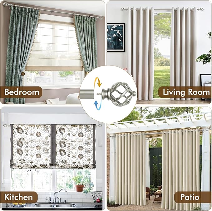 KAMANINA Silver Curtain Rods for Windows 72 to 144 Inch, Long Curtain Rod 32 to 144 Inches (2.6-12ft), 6/8 In Splicing Adjustable Single Drapery Rod with Twisted Cage Finial