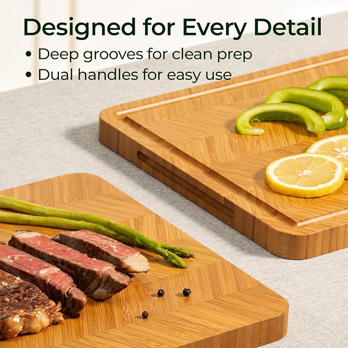 Atelier Collection Bamboo Cutting Board, Reversible Wood Chopping Boards for Kitchen with Juice Grooves, Handcrafted Large Serving Tray, Luxury Housewarming Wedding Gifts for New Home