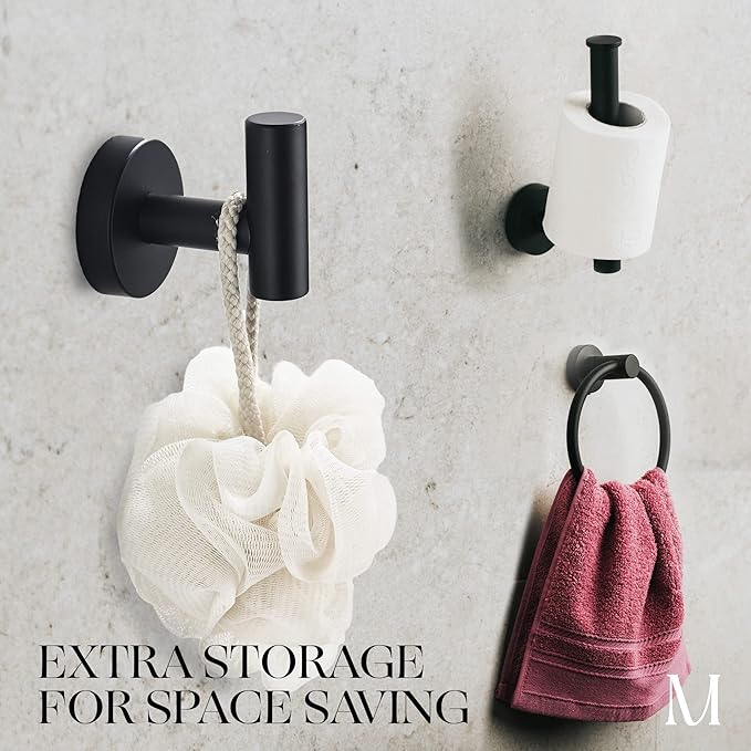 Marmolux Acc - 3 Piece Bathroom Hardware Set with Matte Black Toilet Paper Holder, Towel Ring & Towel Hook - Stainless Steel Matte Black Bathroom Accessories Set. - Bathroom Accessory - Bathroom Set