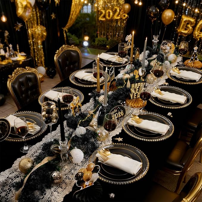 WDF 150PCS Black Plastic Plates - Black and Gold Plates Disposable - 25guest Disposable Dinnerware Sets for Party/Wedding/Halloween/New Year