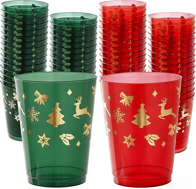 Ciaell 60 Pack Christmas Plastic Cups - 10 Oz Red and Green Disposable Cups - Christmas Wine Glasses for Xmax Party Supplies