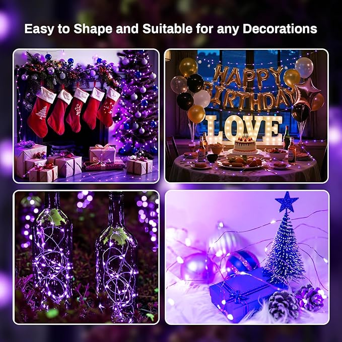 ZGWJ 50 Pack Fairy Lights Battery Operated, 7ft 20 Mini LED Fairy String Lights Silver Wire 3 Modes for DIY, Parties, Wedding, Bedroom, Halloween Christmas Decoration Purple