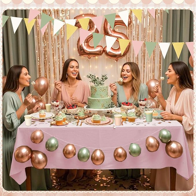 Mimorou 342 Pcs Sage Green and Pink Party Supplies Green and Pink Tableware Paper Disposable Plates Napkins Cups Plastic Tablecloth Sage Golden White Triangle Banner for Wedding Bachelorette Birthday
