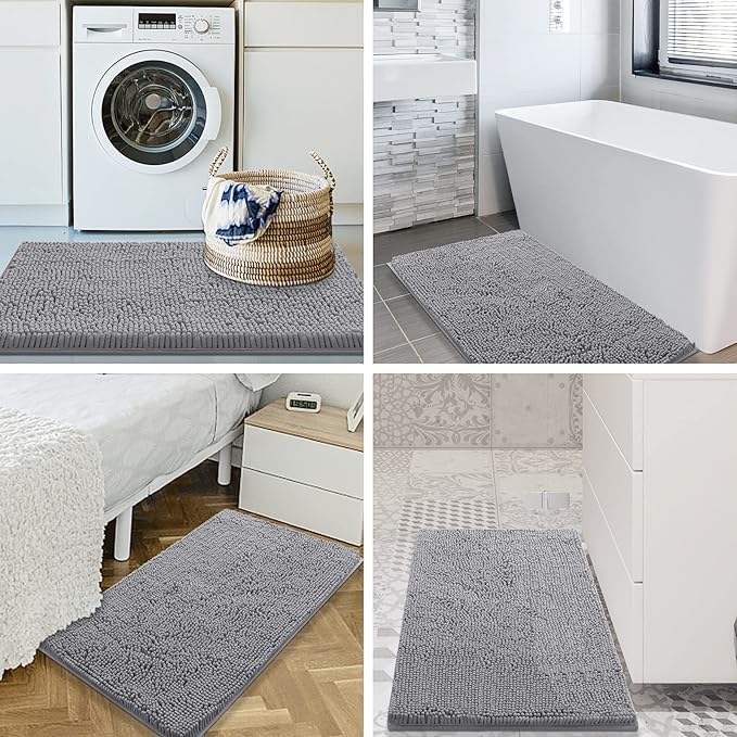 Smiry Luxury Chenille Bathroom Rugs 59x35, Extra Soft and Absorbent Shaggy Bath Mat, Machine Washable, Non-Slip Plush Carpet Runner for Tub, Shower, and Floor, Home Decor Accessories, Light Grey