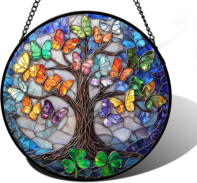Stained Glass Window Hanging, Butterfly Tree Clover Sun Catchers Glass Panel Blue Suncatcher Decor for Birthday for Women, Men, Wife, Aunt, and Mom 6.3 in