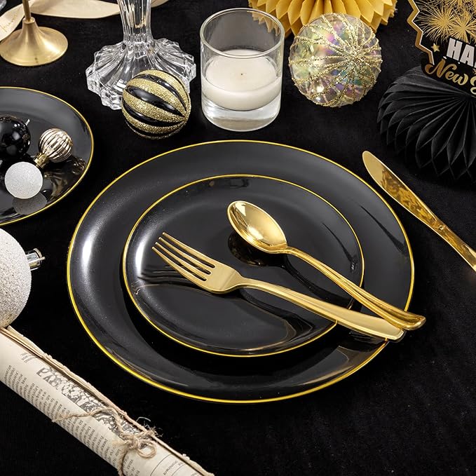 KIRE 60PCS Black Plastic Plates - Black Disposable Plates with Gold Rim for Halloween Party/Graduation - Include 30Pcs 10.25inch for Dinner and 30Pcs 7.5inch for Dessert