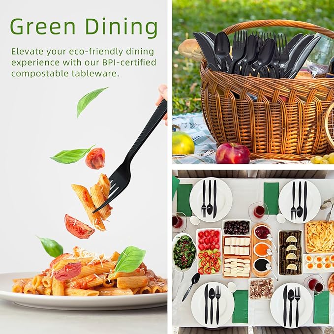 Compostable Utensils, Black Plastic Silverware, Compostable Cutlery 120 Forks 120 Spoons 60 Knives, No Plastic Disposable Silverware, Eco Friendly Disposable Cutlery for Party Office Wedding