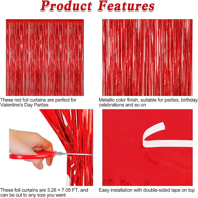 12 Pack Red Curtains, 3.28 FT x 7.05 FT Party Streamer, Metallic Party Backdrop Valentines Day Streamer Foil Curtains, Fringe Tinsel for Red Party Decor Casino Theme Decorations Party Supplies