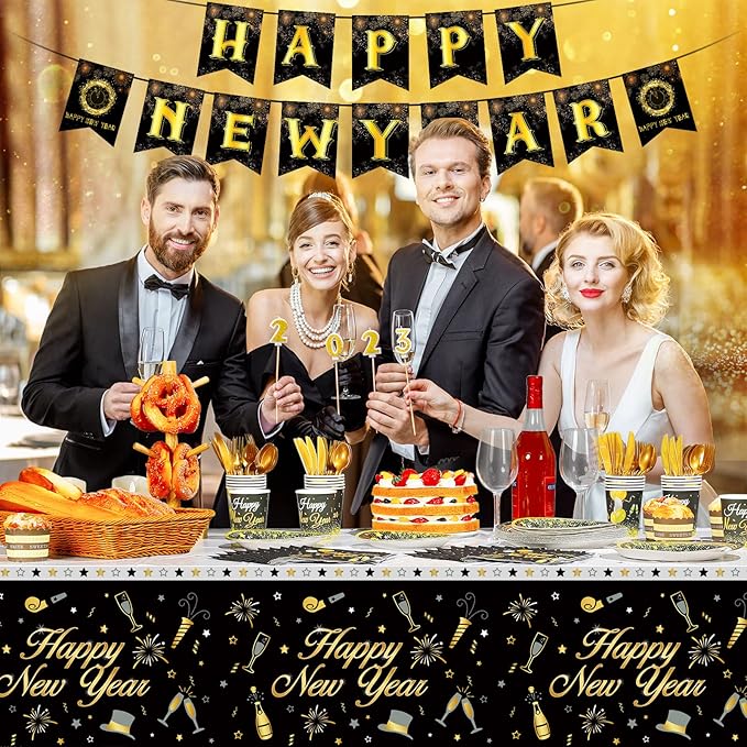 Funrous Happy New Year Party Supplies Tableware Set Serves 24 Guests Including New Year Plates Cups Napkins Forks Knives Spoons Tablecloth and Celebration Banner for Black and Gold Party Decoration