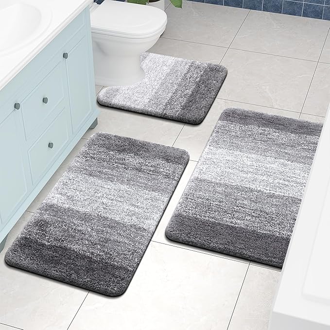Arotive Microfiber Bathroom Rugs, Shaggy Soft and Absorbent Contour Toilet Rugs, Non-Slip, Thick Plush Machine Washable Dry Bath Mats for Toilet Base, 24x20, Grey, U-Shape