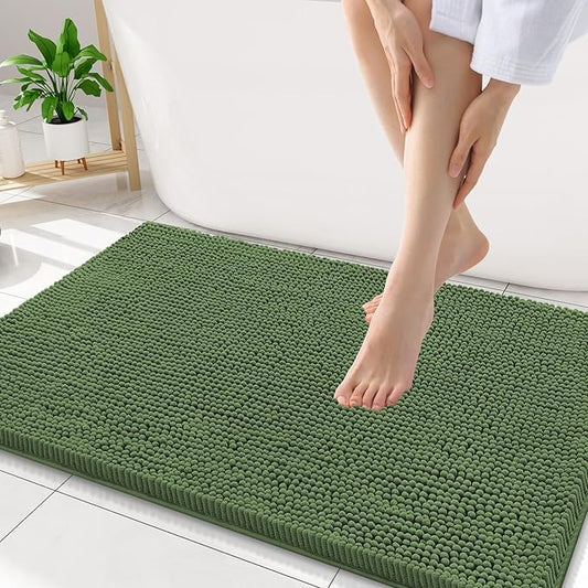 Smiry Luxury Chenille Bathroom Rugs 34x21, Extra Soft and Absorbent Shaggy Bath Mat, Machine Washable, Non-Slip Plush Carpet Runner for Tub, Shower, and Floor, Home Decor Accessories, Olive Green