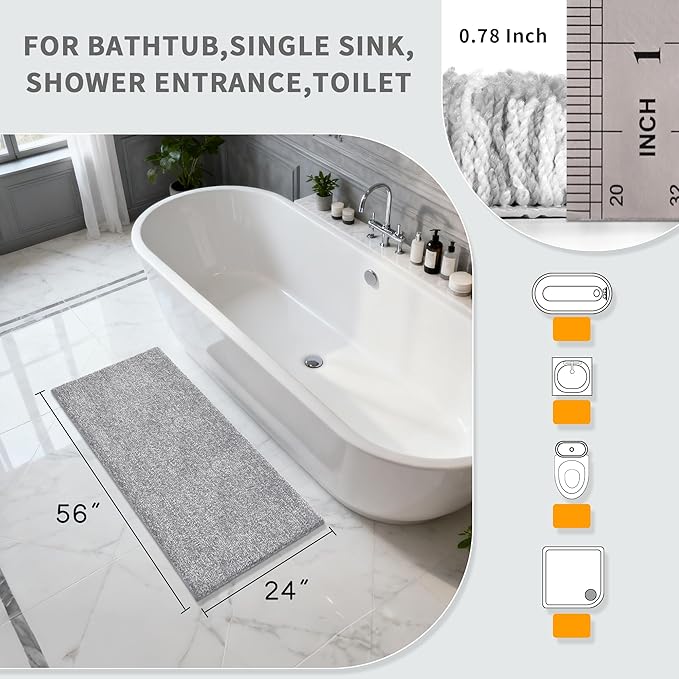 Yimobra Bathroom Runner Rug Non Slip Washable, Soft Absorbent Microfiber Long Bath Mat, Dual-Tone Decor Rug with Rubber Backing for Floor, Tub and Hallway,56x24,Home Essentials,Grey and White