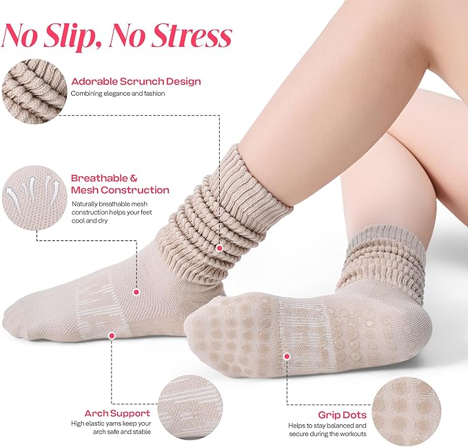 CoolMate Pilates Socks with Grips for Women, Yoga Socks, Crew Non Slip Women for Barre, Pilates Gifts