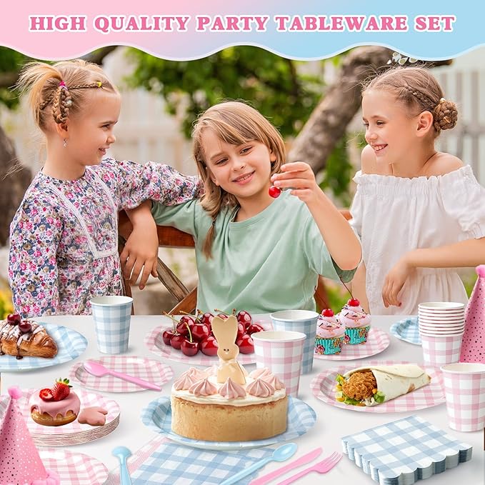 Vyntra 350 PCS Pink & Blue Gingham Party Supplies, Disposable 7 & 9 In Plates and Napkins, Cups, Knives, Forks, Spoons for Gender Reveal, Baby Shower, Birthday (Pink and Blue, Serves 50)