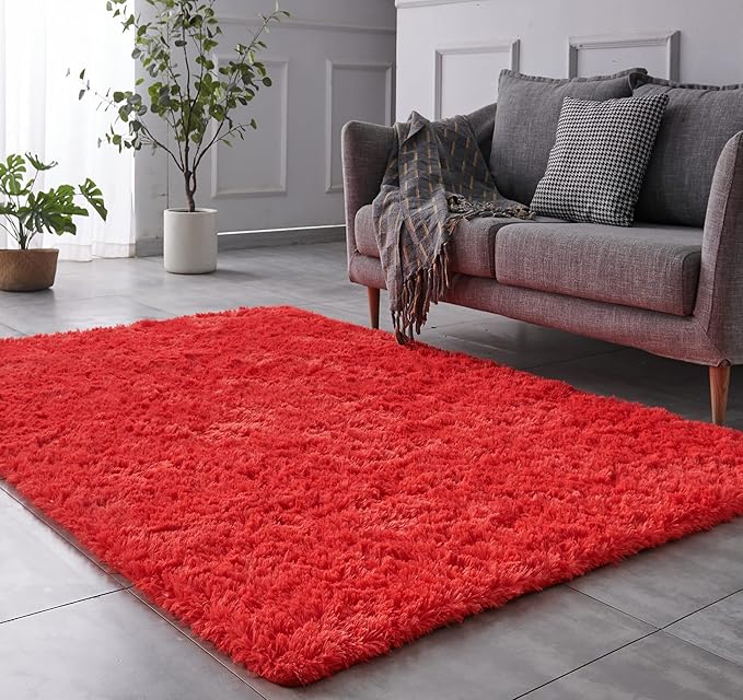 TABAYON Shag Area Rug, 5x7 Ft Red Upgrade Anti-Skid Durable Rectangular Cozy Rug, High Pile Soft Throw Rug for Nursery Room Living Room