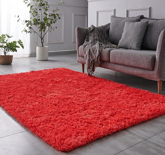 TABAYON Shag Area Rug, 5x7 Ft Red Upgrade Anti-Skid Durable Rectangular Cozy Rug, High Pile Soft Throw Rug for Nursery Room Living Room