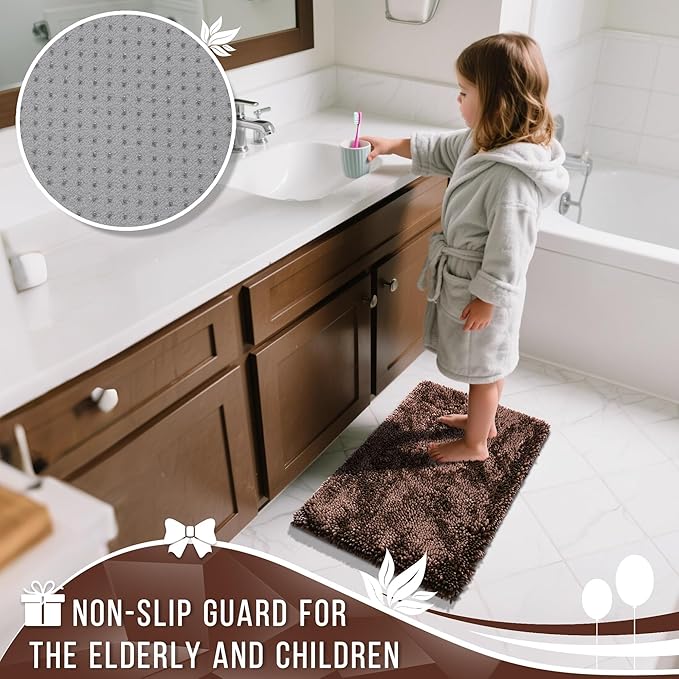 Yimobra Long Bathroom Rug Non Slip 44x24 Inch, Extra Thick Soft Absorbent Chenille Bath Mat, Machine Washable Quick Dry Bath Rugs for Bathroom Floor, Tub and Shower, Home Decor Accessories, Brown