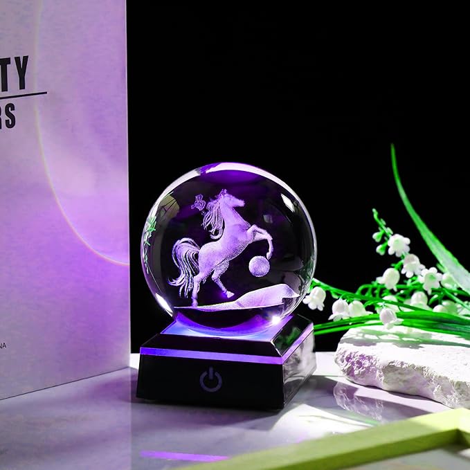 Qianwei Horse Gifts for Women 3D Crystal Ball 3.14'' - Laser Horse Decor Glass Animals Gifts Figurines Statue Stuff for Room Decorations Night Light