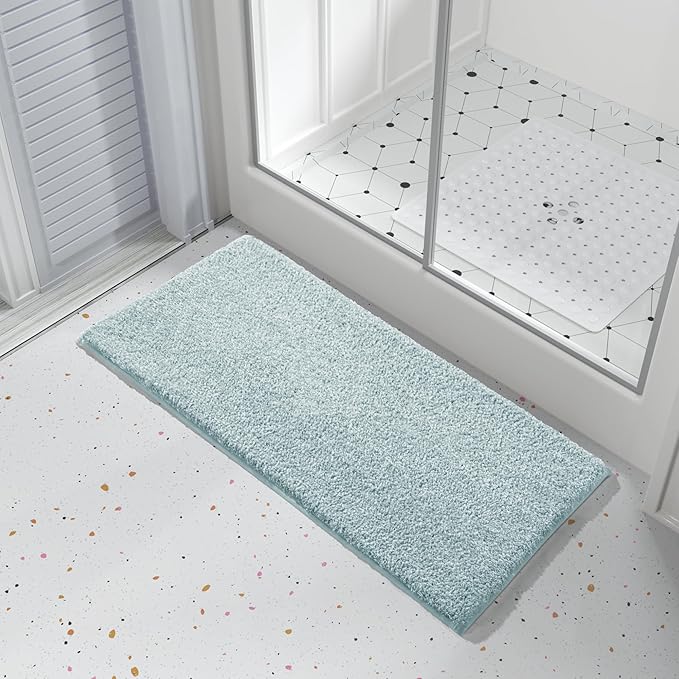 Yimobra Long Bathroom Rug Non Slip Washable, Soft Absorbent Microfiber Bath Mat, Dual-Tone Decor Rug with Rubber Backing for Bathroom Floor Tub and Shower,44x24,Home Essentials,Light Blue and White