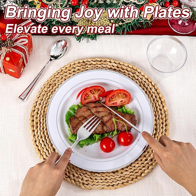 GATHER 350PCS Silver Plastic Plates - White and Silver Disposable Plates for 50 Guests Includes 100 Plate, 50 Napkins, 150 Silvery Cutlery and 50 Cups for Party & Christmas