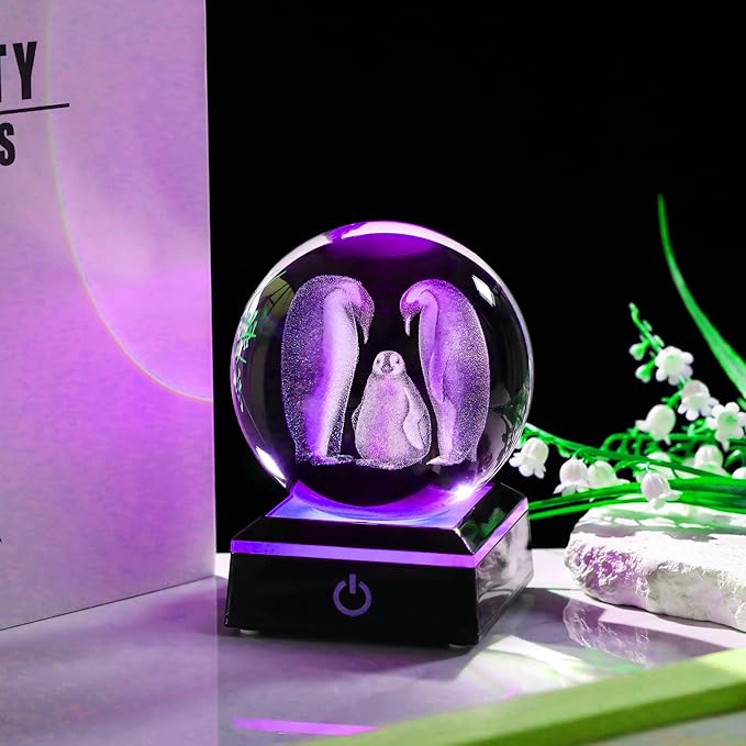 Qianwei Penguin Gifts for Women - 3D Crystal Ball 3.14'' Laser Penguin Decor Glass Animals Figurines Statue & Night Light