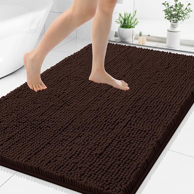 Smiry Luxury Chenille Bathroom Rugs 40x32, Extra Soft and Absorbent Shaggy Bath Mat, Machine Washable, Non-Slip Plush Carpet Runner for Tub, Shower, and Floor, Home Decor Accessories, Brown