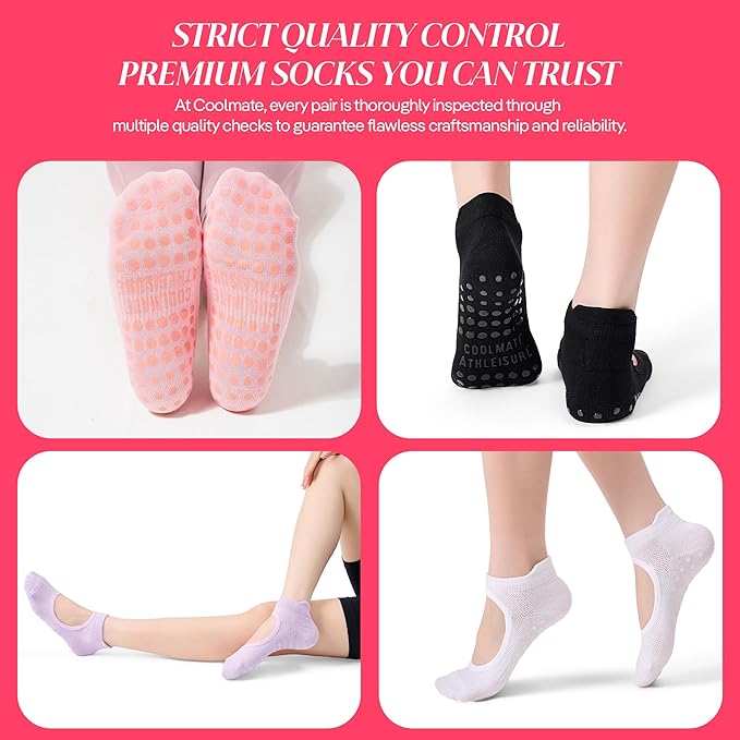 CoolMate Pilates Socks with Grips for Women, Yoga Socks, Crew Non Slip Women for Barre, Pilates Gifts