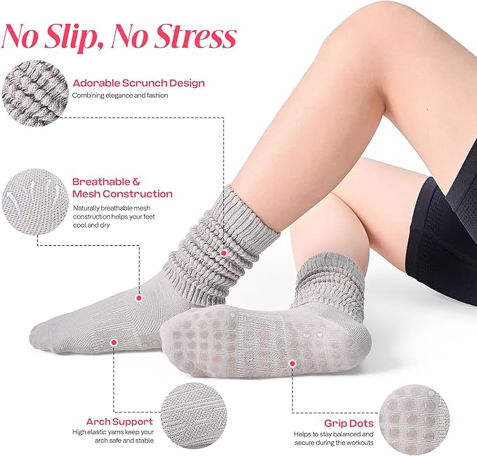 CoolMate Pilates Socks with Grips for Women, Yoga Socks, Crew Non Slip Women for Barre, Pilates Gifts