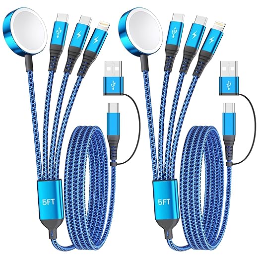 Multi Charging Cable with Dual Type-C Ports, 4 in 2 USB A/C Charing Cord for Apple Watch Charger/iPhone Charger/L Port, 5FT 2Pack iWatch Cable Travel Essentials for iWatch/iPhone 17-11/Android