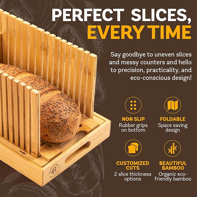 Bambüsi Upgraded Bread Slicer for Homemade Bread - Adjustable Bamboo Bread Cutter Board, Foldable Slicing Guide with Crumb Tray for Sourdough, Artisan Loaves, Bagels, Cakes, Bakery Kitchen Gadget Gift